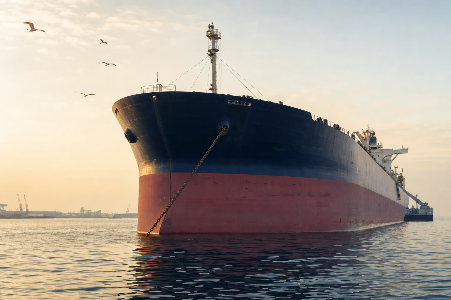 Crude oil tanker lying at anchor in calm water